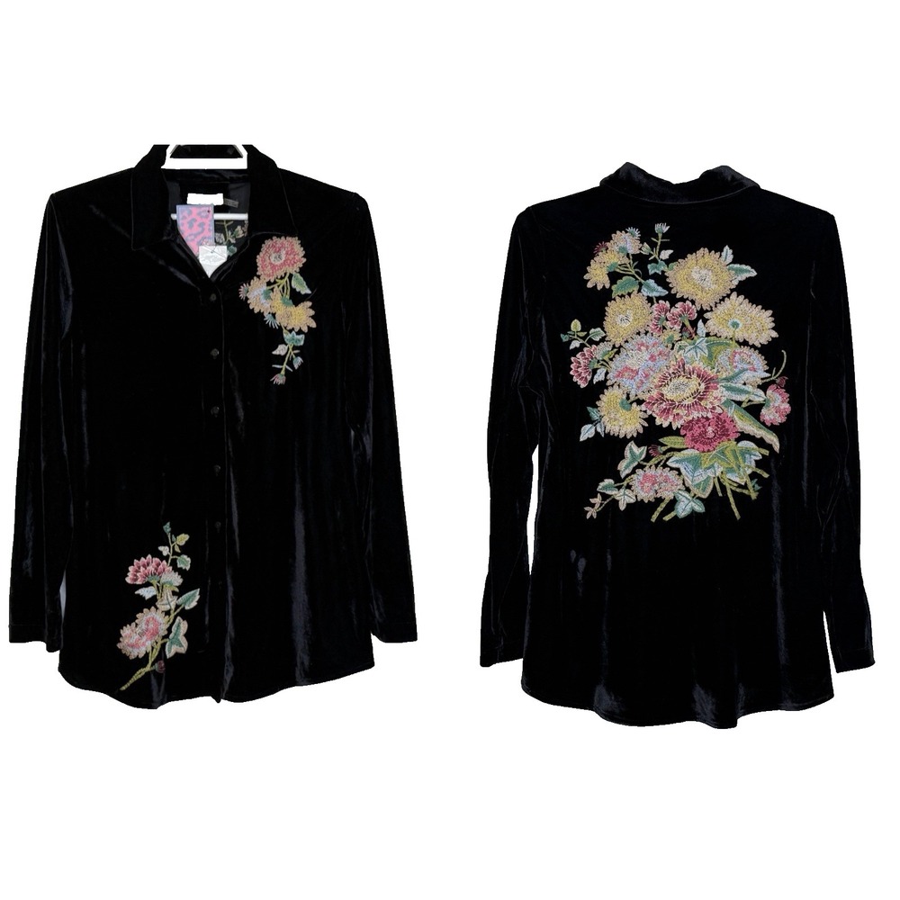 Paparazzi Velvet Embroidered Button Front Top Womens Medium Black Floral BOHO
